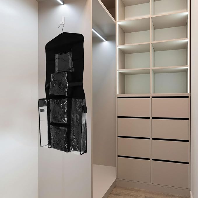 Hanging Wrap Storage Bag with Pockets, Over-The-Door Closet Organizer, Heavy-Duty Black Oxford Fabric, Wall-Mounted Wrapping Paper Holder for Home Packaging