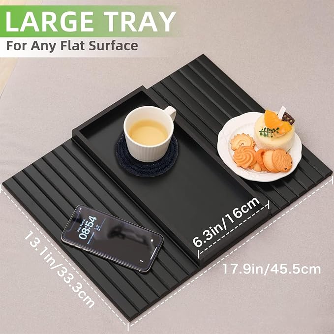 Bamboo Sofa Arm Tray with 2Pcs Cup Mats, Foldable Sofa Armrest Tray Side Table, Anti-Dropping Couch Armrest Table Cup Holder for Eats Drinks Snacks Remote Cellphone Cup Holder(Black)