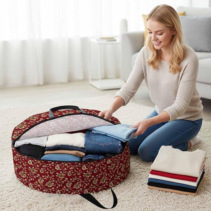 Yellow Roses Round Storage Bag 24 Inch, Christmas Xmas Red Background Clothes Storage Container with Handles Heavy Duty Organizer for Comforter, Bedding & Holiday Wreaths