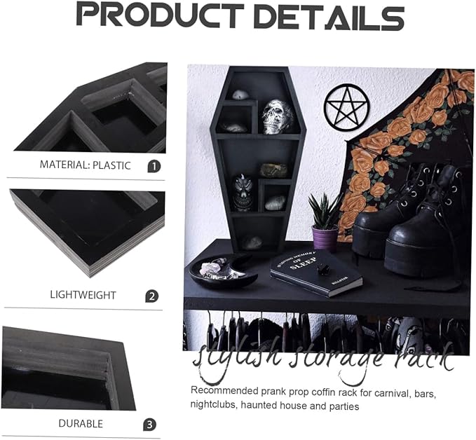 Halloween Gothic Coffin Storage Rack Unique Horror Organizer for Home Decor Decorative Shelf for Candles Books and Collectibles for Goth Decor Enthusiasts