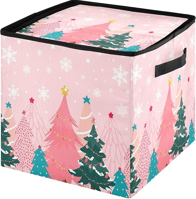Pink Christmas Tree Ornament Storage Basket Box Winter Snowflake Xmas Holiday Storage Container Cube with Adjustable Dividers for 64 Holiday Ornaments or Decorations Keep Clean and Dry for Next Season