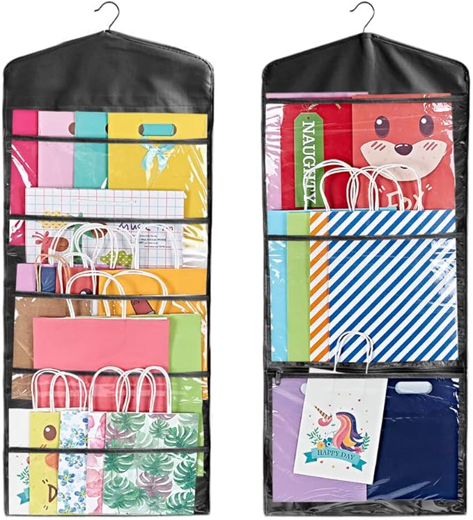 ProPik Hanging Double Sided Gift Bag Storage Organizer with Multiple Front and Back Pockets - Organize Your Gift Wrap, Tissue Paper, and Paper Bags 38 x 16 Inch PVC (Full Black)