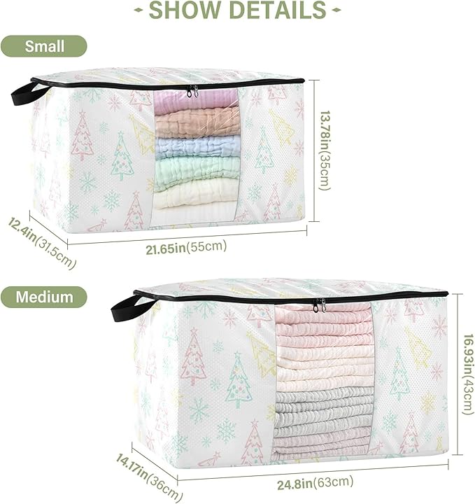 Burbuja Christmas Trees Clothes Storage Bag with Lids and Handle, 2 Pack Foldable Blanket Storage Container with Sturdy Zipper & Clear Window for Bedroom Closet, 60L