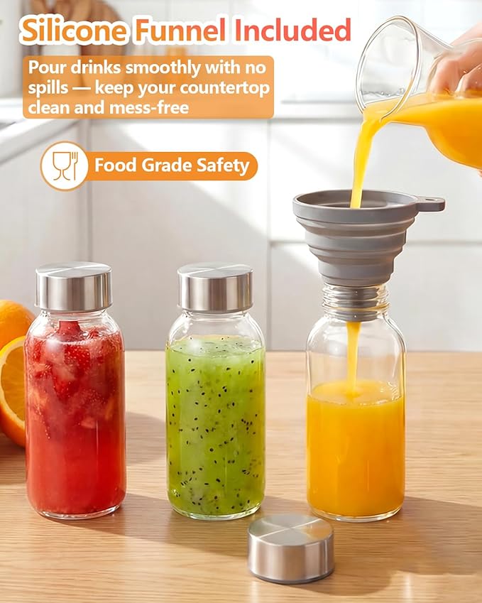 Zukro 8 oz Glass Water Bottles with Lids, Reusable Clear Juice Bottles With Stainless Steel Airtight Cap for Juicing, Ginger Shot, Milk, 250ml Leak Proof Small Smoothie Container, BPA Free, Set of 16