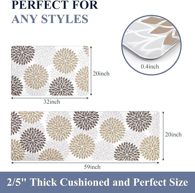 HEBE Anti Fatigue Kitchen Rugs Sets of 2, Non Slip Kitchen Mats for Floor, Waterproof Cushioned Comfort Standing Carpet for Kitchen Sink, Home Office, Laundry Room