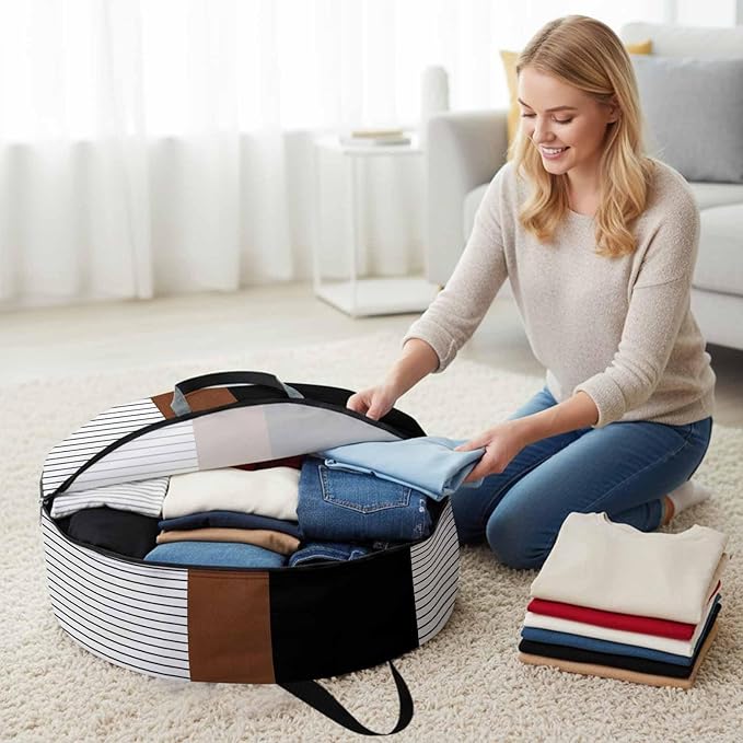 Storage Bag Brown Black Lines Round Storage Totes Bins Closet Organizers with Zippers & Handle Boho Style Clothes Storage Container for Bedroom Dorm Space Saving Packing Supplies Moving Bags