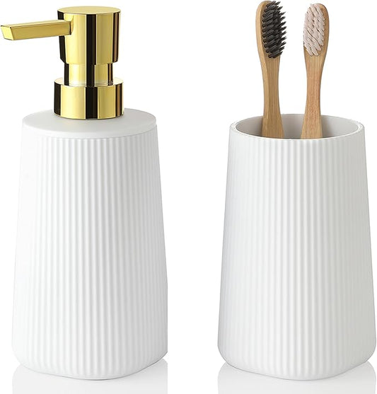 YAUKPH Bathroom Accessories Set 2 Piece Soap Dispenser and Toothbrush Holder for Bathroom Countertop Striped White and Gold