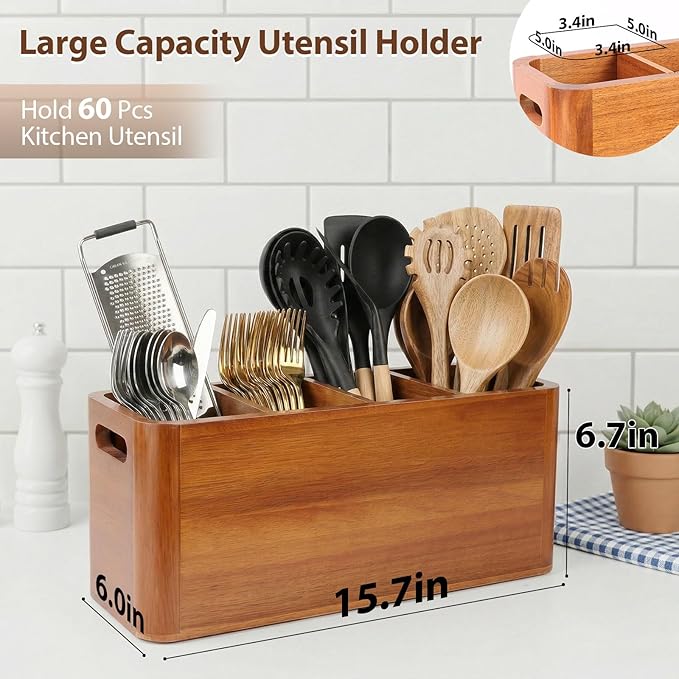 Kitchen Utensil Holder for Countertop, Extra Large Acacia Wood Utensil Organizer, 4-Compartment Storage for Cooking Utensils, Silverware and Cutlery