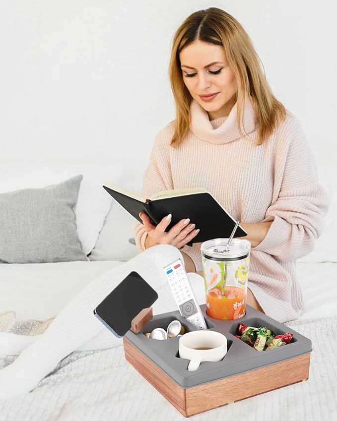 Couch Cup Holder Tray, Silicone Wooden Couch Caddy with Cup Holder for Snacks, Drinks, Remotes, Waterproof Cup Holder for Couch, Organizer, Couch Drink Holder, Sofa Cup Holder, Easter Gifts (Gray)