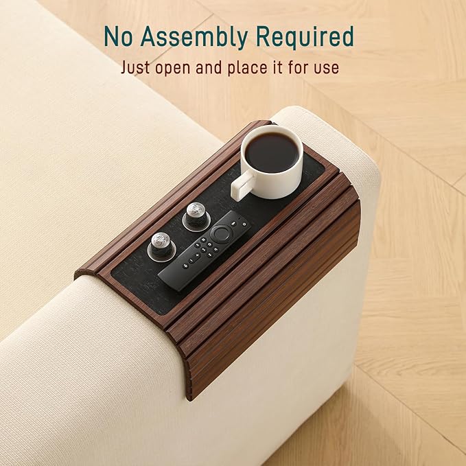 Bamboo Couch Arm Tray Table with Anti-Slip Cork Pad，Foldable Sofa Armrest Tray Table for Couch，Flexible Couch Arm Cup Holder，Portable Sofa Arm Chair Table for Drink, Snacks, Phone, Remote (Brown)
