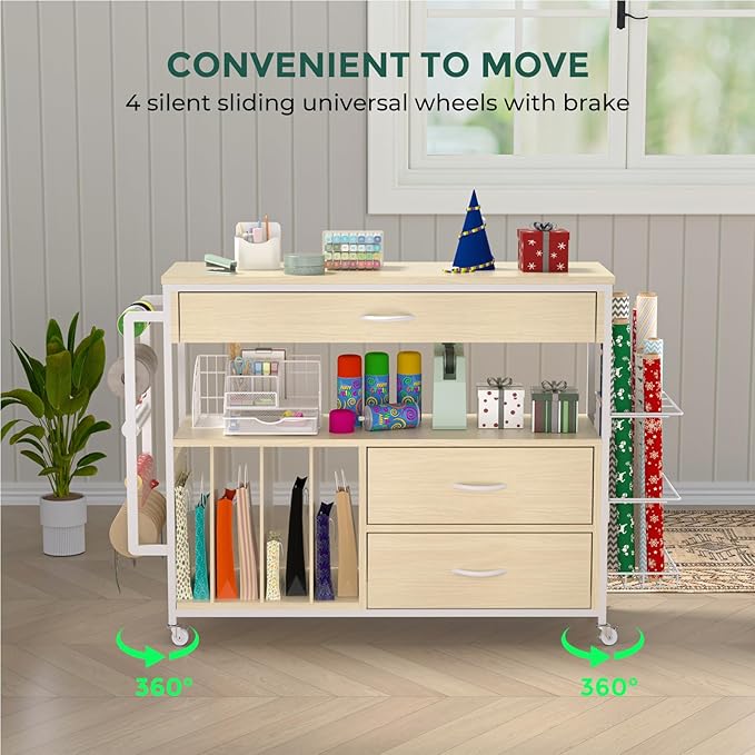 Wrapping Paper Storage & Organizer, Craft Cart with Ribbon & Gift Bag Storage, Wrapping Paper Organizer Holder(3 Wooden Drawers- Oak)