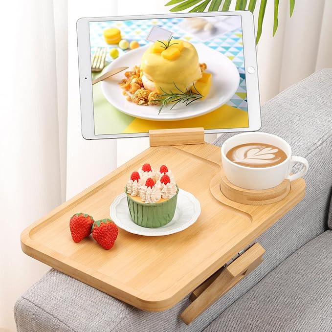 Couch Arm Tray, Couch Arm Table with 360° Rotating Phone Holder & Cup Holder, Sofa Arm Tray for Easy Access, Couch Cup Holder for Snacks, Phone, Control, Cups