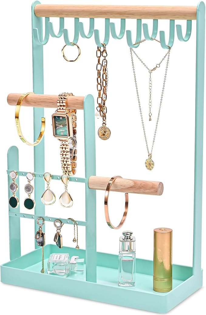 ProCase Jewelry Stand Holder Organizer, 4-Tier Necklace Holder with Ring Tray, 10 Hooks Necklaces Hanging Small Jewelry Display Storage Tower Tree for Bracelets Earrings Watches -Medium, Aqua