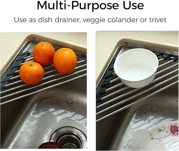Stainless Steel Roll Up Dish Drying Rack, Over The Sink Dish Rack Rolling Dish Drainer, Foldable Sink Rack Mat for Kitchen Sink Corner