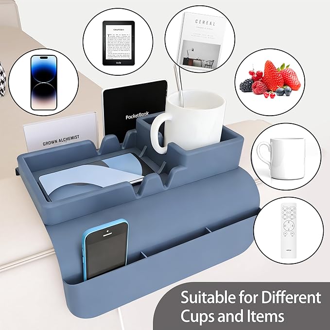 Couch Arm Cup Holder - Silicone Sofa Armrest Tray with 5 Side Pockets, Anti-Slip Armrest Recliner Armchair Caddy, Sofa Table Organizer for Drinks Tablet Remote Snacks Cellphone Cup (Blue)