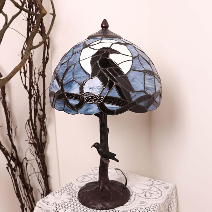 Bieye L10956 Raven Sitting on Bare Tree Branch in Full Moon Night Tiffany Style Stained Glass Table Lamp for Home Decor (Dark Blue, 12Wx20H)