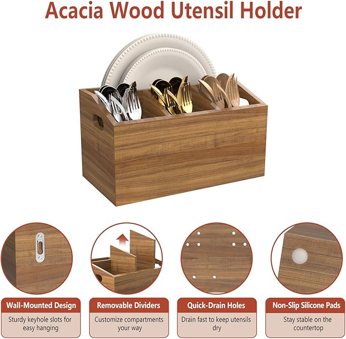 COAZEX Wooden Kitchen Utensil Holder for Countertop or Wall, Extra Large Acacia Wood Utensil Holder Organizer with 5 Compartments, Rustic Utensil Caddy for Cooking Tools & Silverware