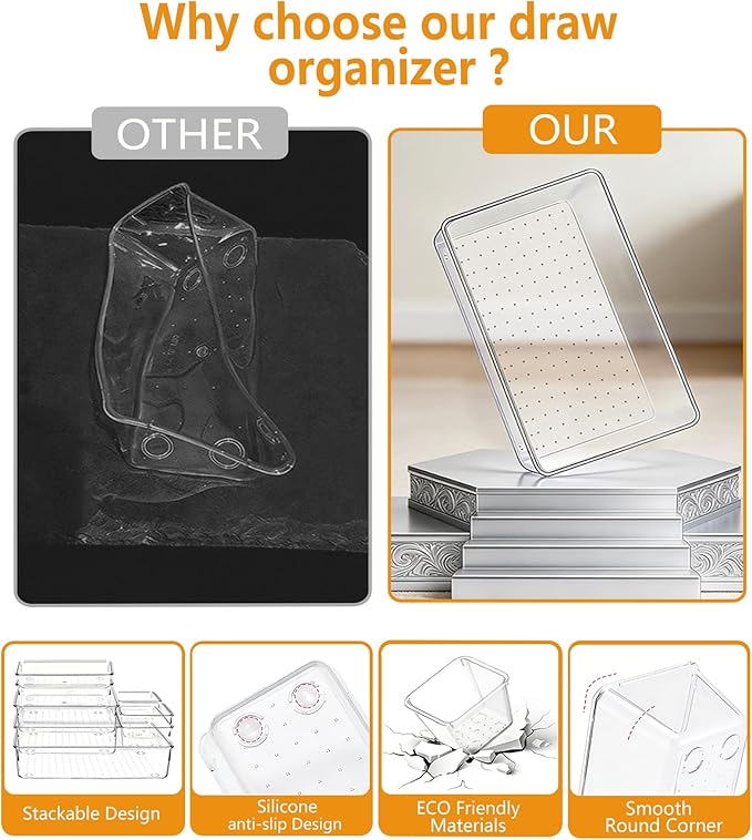 Clear Drawer Organizers Set of 25, 4-Size Vanity Organizer Trays, Stackable Bathroom & Desk Drawer Organizer for Makeup, Jewelry, Kitchen Utensils, Office Supplies and Small Gadgets Storage