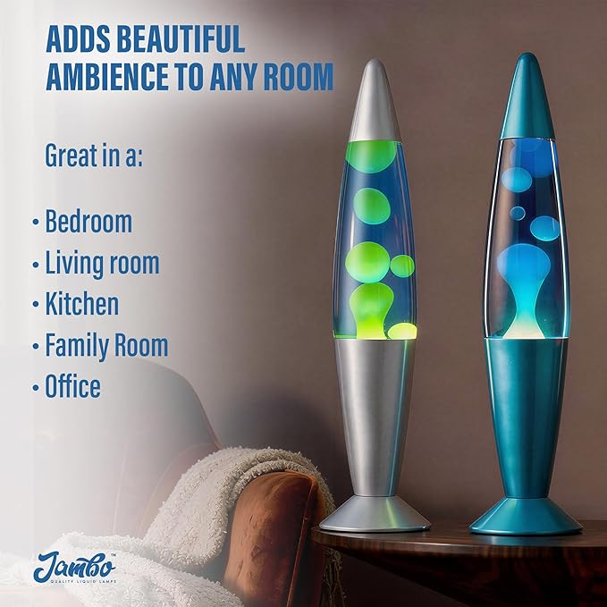 JAMBO 2 Pack- 16" Beautiful Lamp- Silver with Yellow/Green Wax and Blue with Blue/White Wax, Relaxing Liquid Lamp, Night Light Nightlight, Lamps for Adults Teens Kid