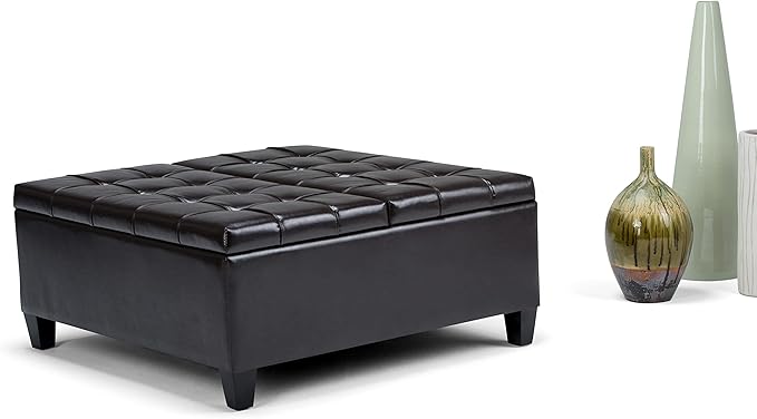 SIMPLIHOME Harrison Coffee Table Storage Ottoman - 36 inch Wide Upholstered Vegan Leather Square Lift-Top Ottoman in Tanners Brown, Transitional Ottoman for Living Room with Hidden Storage