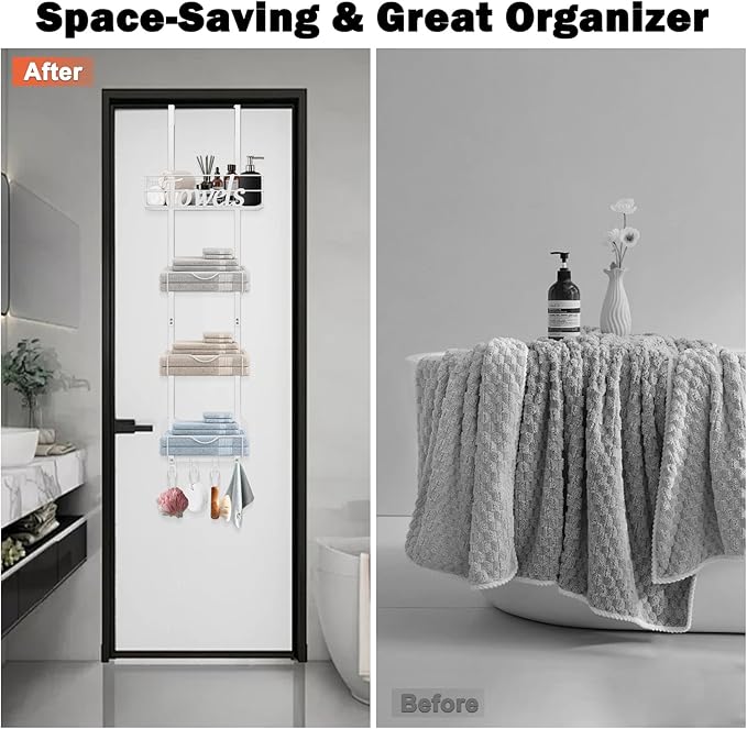 HarJue Over The Door Towel Racks, No Drill Towel Storage with Basket & Hooks, Space-Saving Multi-Functional Towel Holder for Bathrooms, bedrooms, Apartments, RVs (White, 5 Tier)