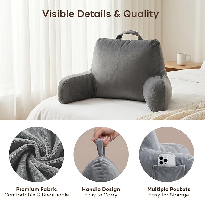 NOONTIDE Reading Pillow for Sitting up in Bed and Couch,Large Back Pillow for Adult & Teens with Soft Adjustable Neck Roll Backrest Pillow,Washable Cover,Watching TV/Gaming/Relaxing(Darkgrey)