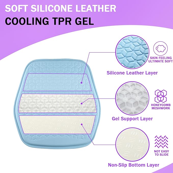 Thin Gel Seat Cushion for Car Seat, Office Chair, Wheelchair, Golf Cart - Non-Slip Car Seat Cushions with 0.7 Inch Gel - Sciatica & Coccyx Pain Relief (Leather, Blue)