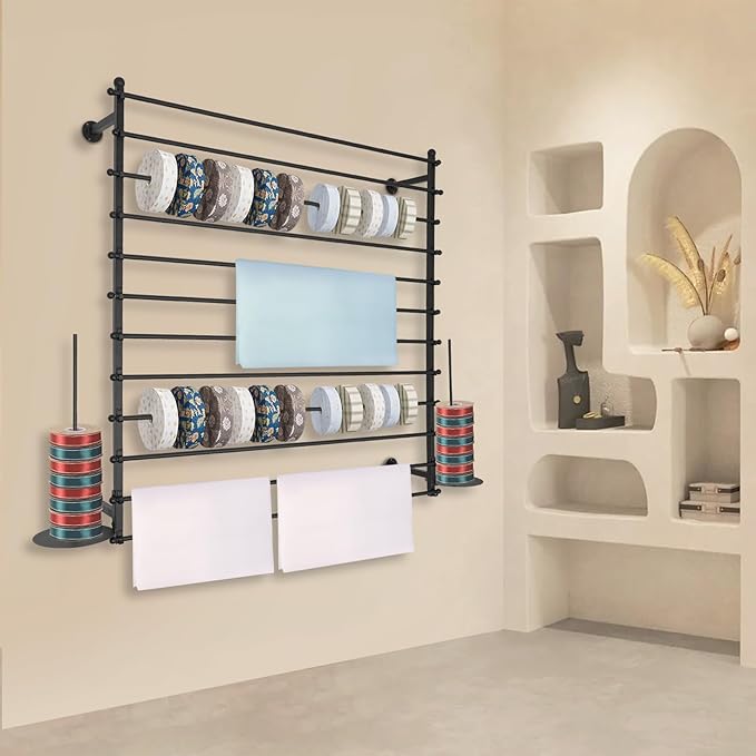 12-Layer Ribbon Holder Organizer Rack Wall Mounted Wrapping Paper Storage Rack Ribbon Dispenser Holder Wrapping Station Display Racks for Craft Room Florist Cake Shop(Black)