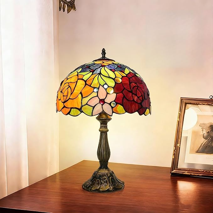 Tiffany Lamp - Rose Flower Stained Glass Table Lamp 12x12x18 Inches - Rose Flower Style Desk Reading Light - Bedroom & Living Room Decor