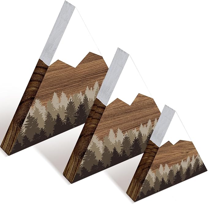 Maitys 3 Pcs 3 Size Mountain Shelf Decor Mountain Wooden Sign Farmhouse Wood Forest Sign Woodland Nursery Decor Travel Adventure Table Centerpiece for Home Farmhouse(Taupe)