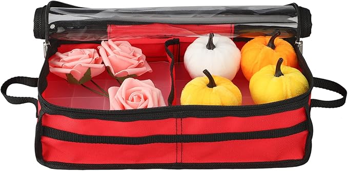 Ornament Storage Box Under Bed 64 Cell Partition 600D Oxford PVC Transparent Window 61x30.5x15cm (Red)