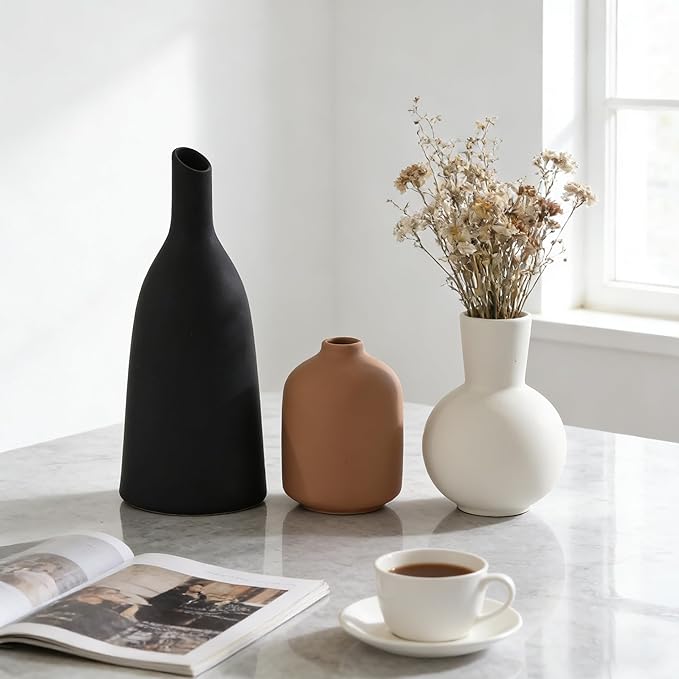Ceramic Vase Home Table Decor, Pottery Boho Rustic Farmhouse Decor, Small Vases for Coffee & Dinner Table, Mantel, Shelf - Home Decor for Living Room, Bedroom, Office