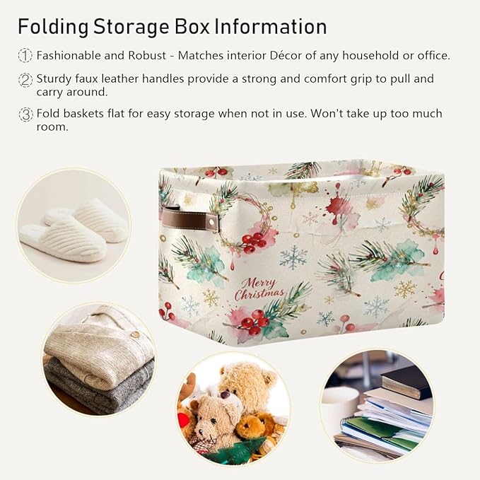 Christmas Storage Bins, Collapsible Canvas Organizer Baskets with Handles, 14.2x10.2x8.3 Inches, Holiday Pattern, Water-Resistant, for Home Bedroom Closet