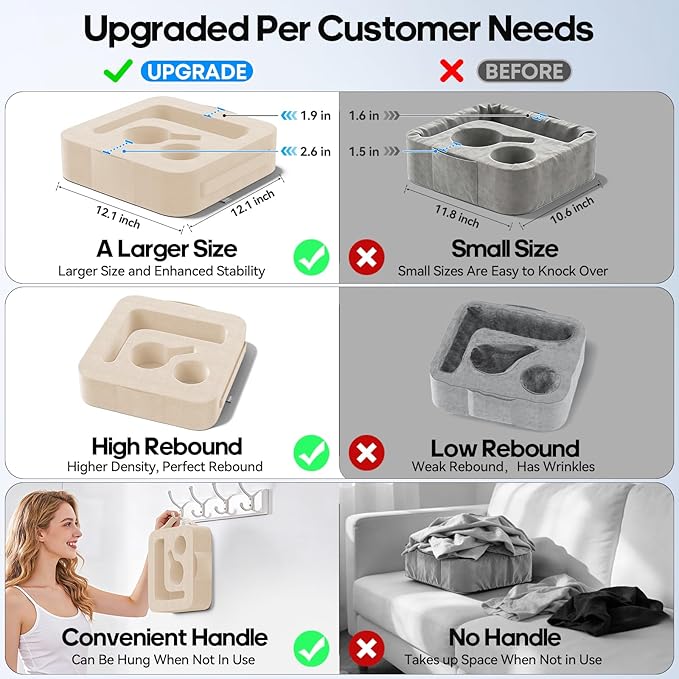 Couch Cup Holder Pillow, Sofa and Bed Organizer Caddy for iPad, Kindle, Switch, Game Controller, Remotes, Phones, Small-Sized Cup & Drink Holder for Couch, Bed, Desk, Car, Beach, Desk, Khaki