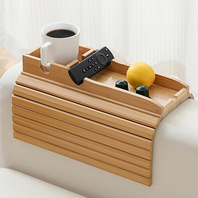 Bamboo Couch Cup Holder Arm Tray Table，Foldable Couch Drink Holder Armrest Table，Sofa Arm Rest Tray，Flexible Arm Chair Table Tray Recliners for Drink,Cups, Snacks, Phone, Remote (Bamboo)