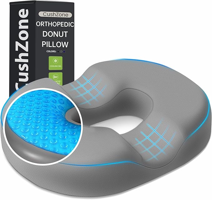 Donut Pillow Seat Cushion - Cooling Gel Outdoor Chair Cushions, Memory Foam Cushion for Office and Home, Car Seat and Patio Cushions, Hemorrhoids Pillow, Sciatica and Tailbone Pain Relief, Light Grey
