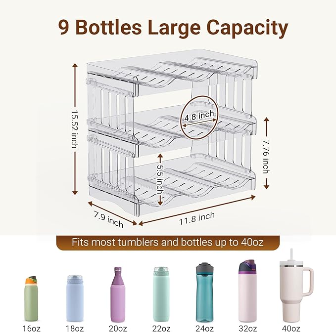 Gracenal Water Bottle Organizer Holder for Stanley Cup Accessories, Fridge Kitchen Cabinet Organizer and Storage for Meoky 40 oz Tumbler with Handle, Stackable Plastic Travel Mug Cup Rack Gifts, 3Pack