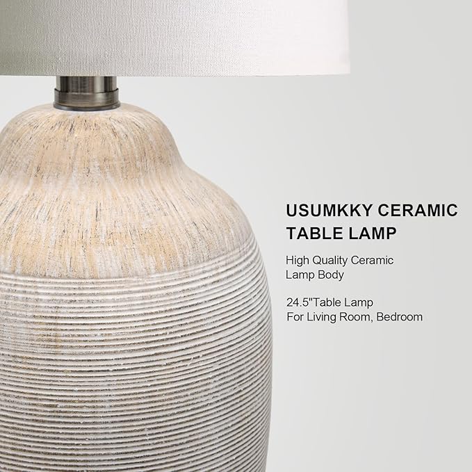 USumkky 24 inch Vintage Ceramic Table Lamp with 5FT Cord - Single Farmhouse Rustic Bedside Lamp with Natural Textured Finish, Nightstand Lamps for Living Room, Bedroom, End Table Beige