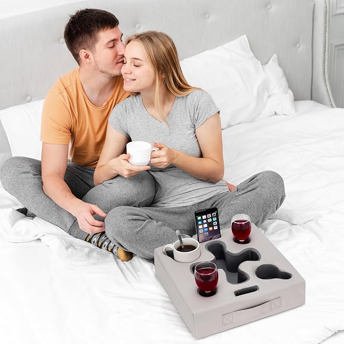 Couch Cup Holder Pillow-Sofa Cup Holder for Bed, Rv, Tv, Car, Man Cave, Backseat | Remote, Drinks, Snacks Tray Caddy Cupholder (PULightGrey)