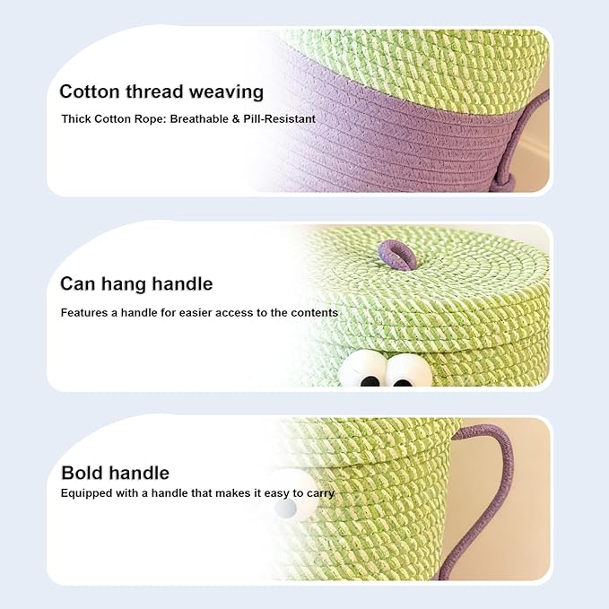 Cotton Rope Storage Basket with Lid & Handles, Cute Monster Decor Basket for Nursery, Toys, Diapers, Baby Shower & Easter Gift, 9.8" x 9.8" (Green & Purple)