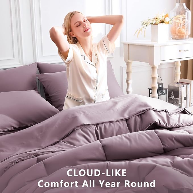 CozyLux Queen Comforter Set Dusty Purple, 7 Pieces Bed in a Bag, Grayish Purple Comforters Queen Size, Bedding Set with All Season Quilted Comforter, Flat Sheet, Fitted Sheet, Pillowcases