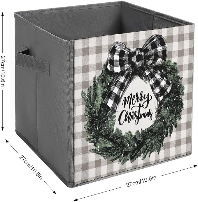 Christmas Wreath Black White Checkered Bow Cube Storage Bins Storage Cubes Foldable Decorative Fabric Storage Baskets Home Organizers with Handles for Shelves,Closet, 10.6 X 10.6 Inch