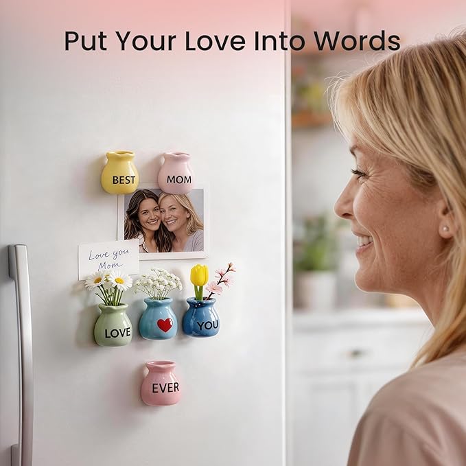 Mother's Gifts for Mom Birthday Gifts from Daughter Son - 6 Pcs Refrigerator Magnets - Mini Vase Magnets for Fridge with Artificial Flowers, Christmas Valentines Day Gifts for Moms
