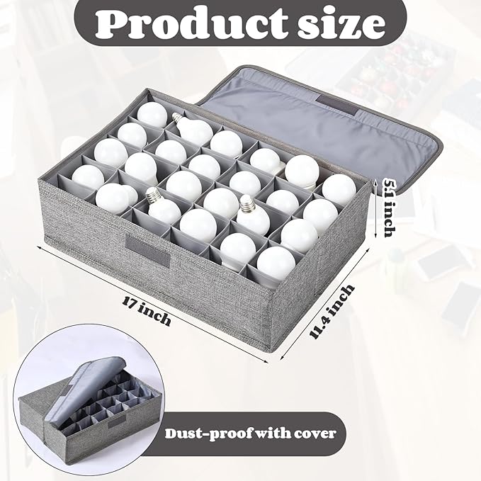 2 Pcs Light Bulb Organizer Storage Box Ornament Storage with 30 Dividers Foldable Bulbs Organizer with Lid Sturdy PP Board Fits Various Standard Dustproof Fabric Case for Home Vbs (Grey)