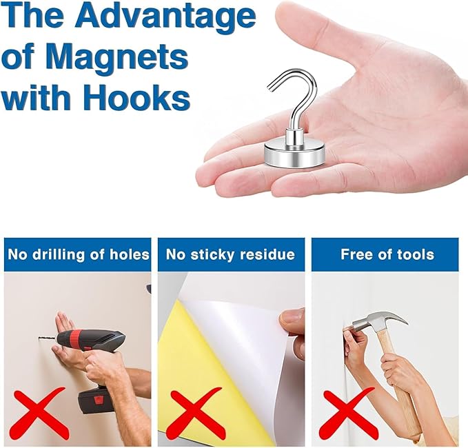 LOVIMAG Strong Magnetic Hooks, 30lbs Utensil Racks Kitchen Utensil Holders Hanging Cruise Cabins, Ship Essentials, Rare Earth Magnet for Refrigerator,Hanging,Classroom,Ceiling-25 Pack
