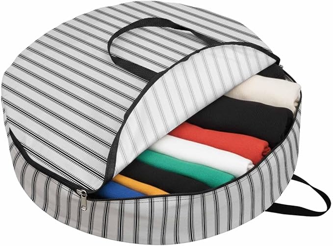 36 Inch Round Storage Bag 1 Pack,Grey White Stripes Modern Minimalism Waterproof Wreath Storage Container with Handles&Zipper Geometric Striped Art Closet Organizer Bags Garland Box