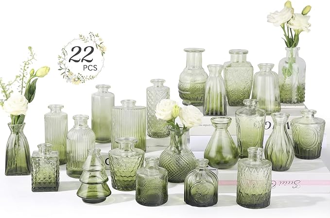 RUCKACE Bud Vases in Bulk 22 Green Glass Small Vases Flower Vase Bulk for Centerpiece Table Wedding Decorations Home Decor Party(Gradient Green 22 Pack)
