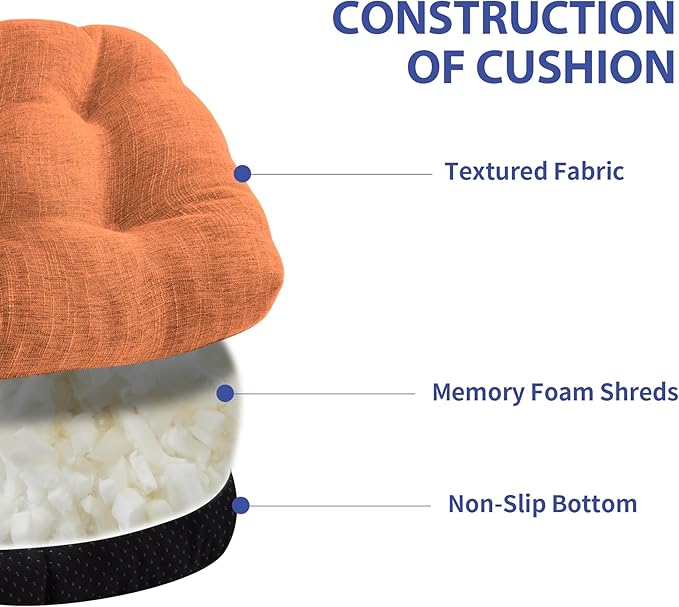 IPYNBAP Chair Cushions for Dining Chairs Set of 4, Kitchen Chair Cushions, Chair Pads with Ties and Non Slip Backing, Tufted Memory Foam Seat Cushion 4 Pack, 15.5" x 15.5" x 4", Orange
