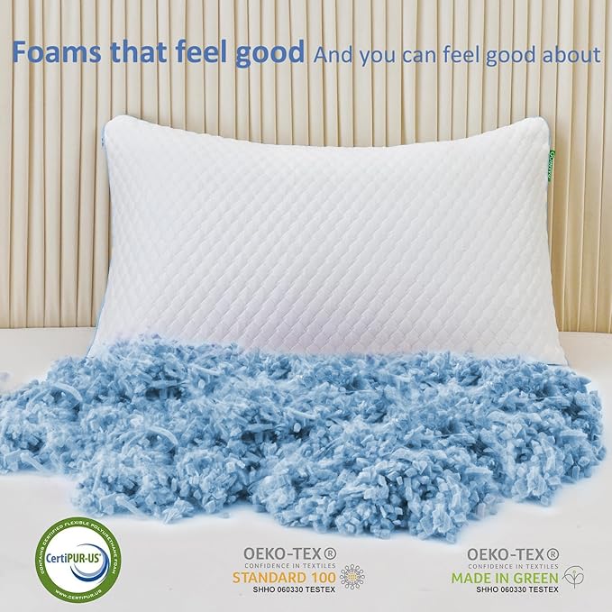 Shredded Memory Foam Pillows for Sleeping 2 Pack - Cooling Bed Pillows Queen Size Set of 2 - Firm Pillow for Side and Back Sleepers Adjustable Gel Pillow with Removable Cover