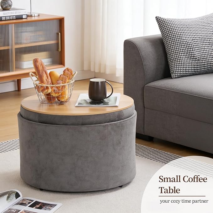 ONBRILL 25" Round Ottoman Coffee Table, Storage Ottoman with Lift-Off Lid, Multifunctional Foot Rest & Hidden Storage, Sturdy Steel Frame for Bedroom, Living Room, Corners, Apartment